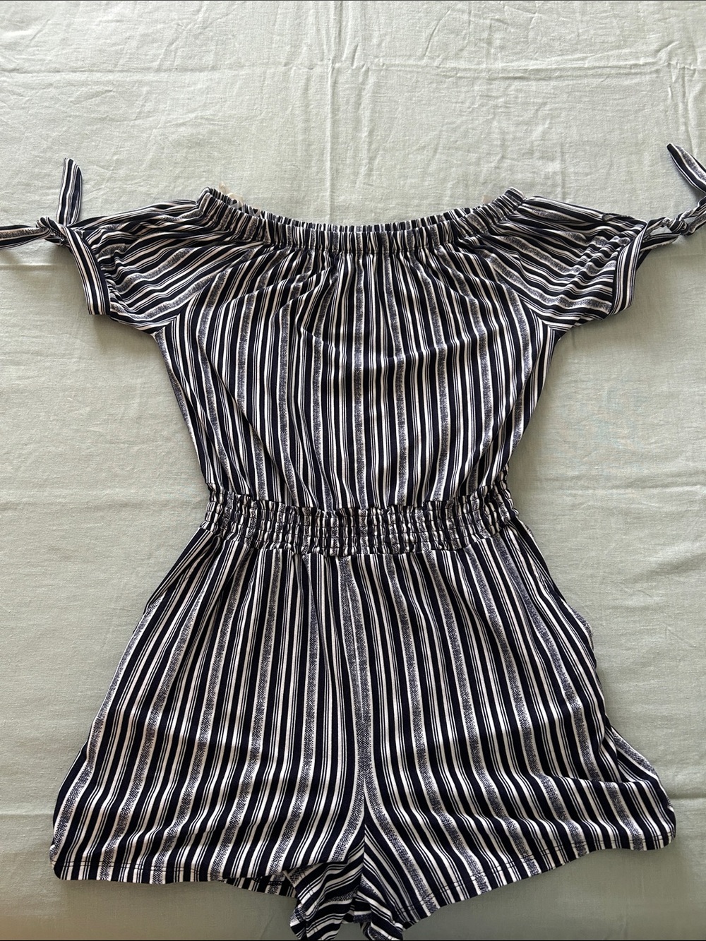 Derek Heart Black and White Striped Off-Shoulder Romper